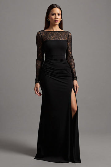 Black Sheath Satin Long Sleeves Formal Dress with Slit
